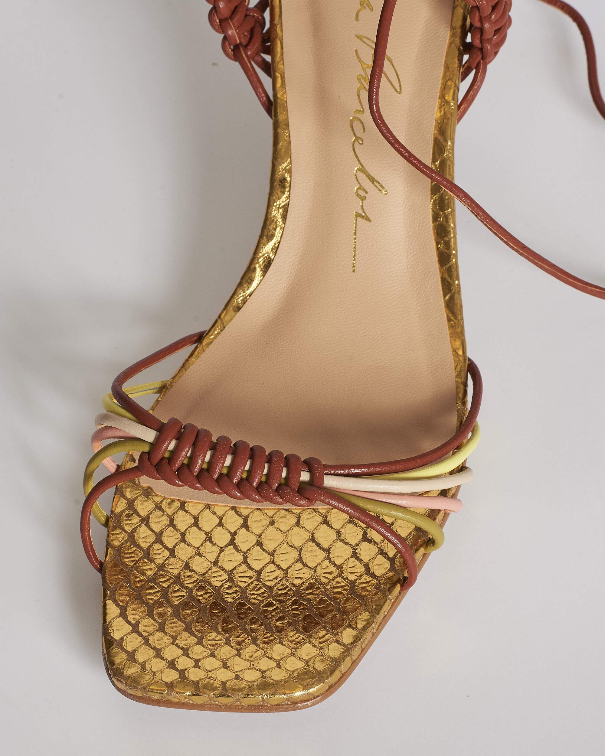 Open Toe Short Heel Wrap Gold and Brown Sandals with Multi-Color Tassels