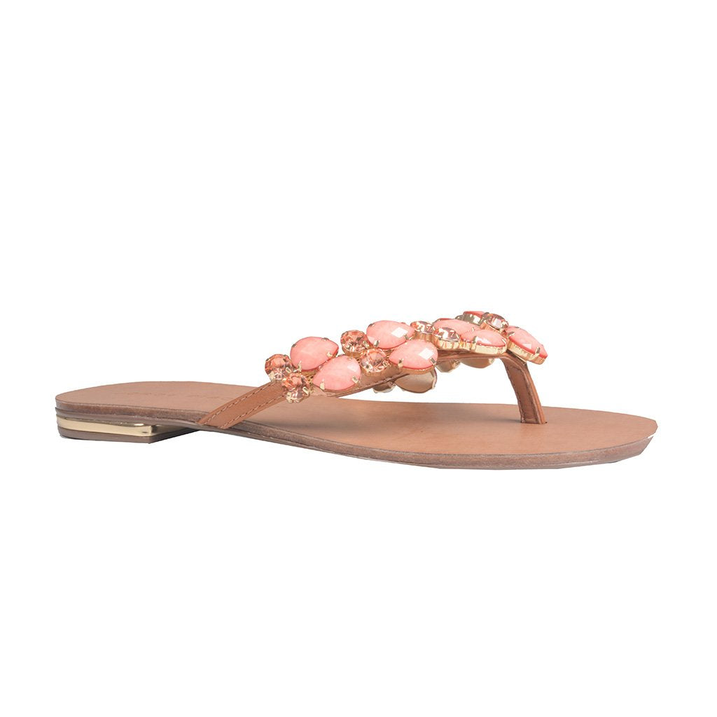 Flat Caramel Slipper with Salmon-Colored Stones
